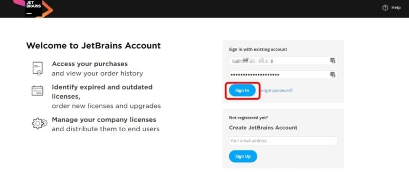 JetBrainsの公式サイトにログインする